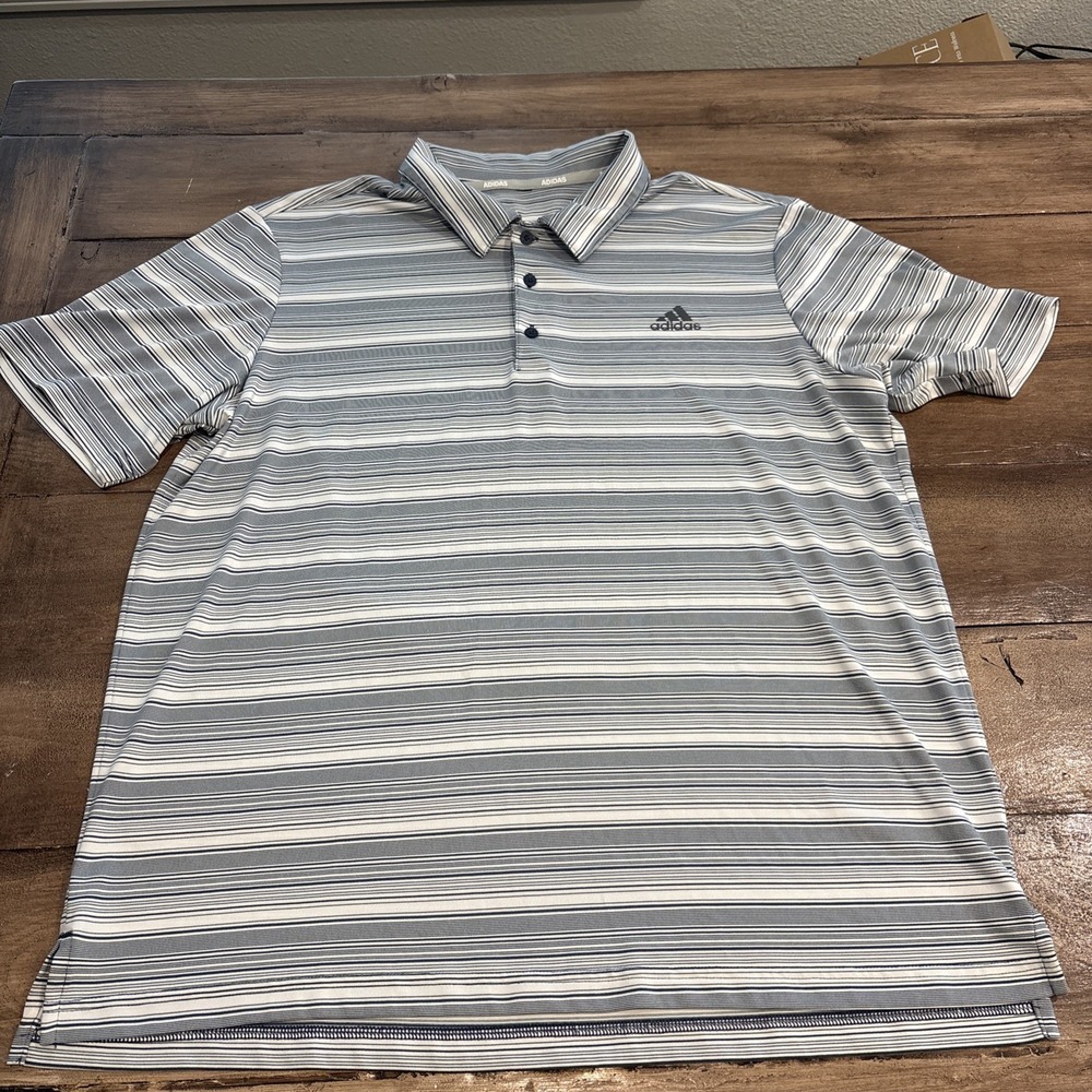 Adidas Polo Shirt Men XLarge Blue‎ Striped Short Sleeve Golf Casual Outdoor